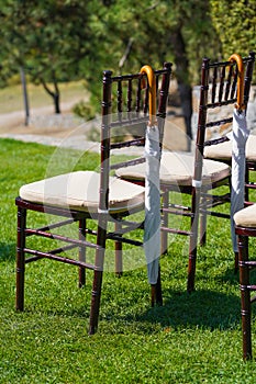 Rows of chairs for guests at an open-air wedding ceremony