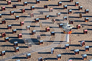 Rows of chairs on the sandy beach. Travemunde, Baltic Sea.