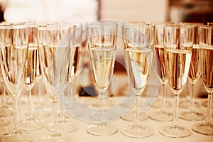 Rows of Champagne Glasses Served on Event