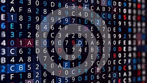 Rows of changing symbols, hacking a password on black background, seamless loop. Animation. Abstract moving random