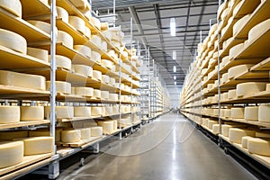 Rows of cheese on the shelves of a dairy. Drying and keeping cheese on the rack. Wheels of yellow cheese in a dairy factory. Dairy