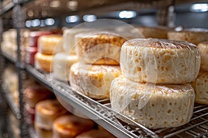 Rows of cheese wheels aging on metal shelves in a commercial storage cellar