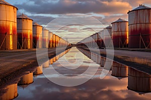 rows of chemical storage tanks at an industrial site