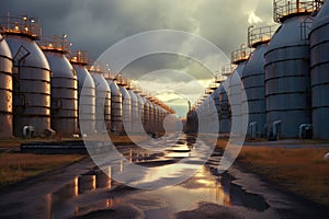 rows of chemical storage tanks at an industrial site