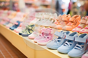 rows of childrens shoes in a footwear store