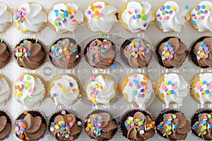 Rows of chocolate and vanilla cupcakes