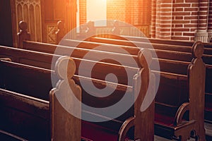 Rows of church benches at the old european catholic church.