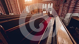 Rows of church benches at the old european catholic church.