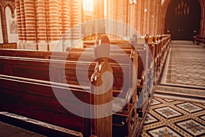 Rows of church benches at the old european catholic church.