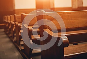 Rows of church benches. Selective focus.