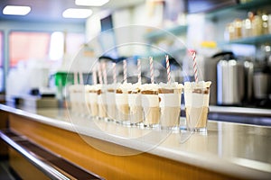 rows of coffee shakes ready for service in a caf