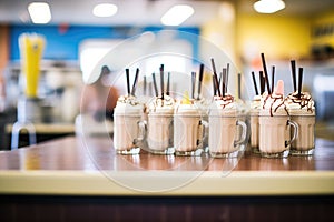 rows of coffee shakes ready for service in a caf