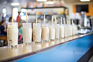 rows of coffee shakes ready for service in a caf