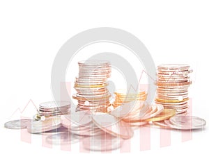 Rows coins for finance and banking concept on white background,