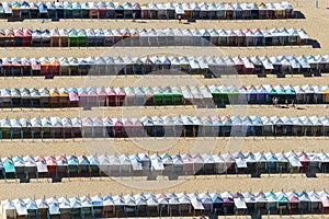 Rows of colored beach huts, Nazare (Portugal)