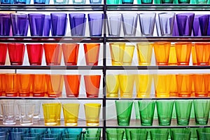 rows of colorful pyrex glassware on factory shelves