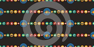 Rows of Colorful Retro Style Round Technology Icons Pattern on Dark Background - Design Set, Seamless Texture for IT, IoT, Web