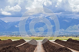 Rows of Compost ready for sale with Panoramic view of Wasatch Front Rocky Mountains, Great Salt Lake Valley in early spring with m