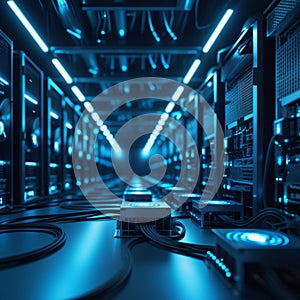 Rows of computer servers and cables stretch into the distance in a data center, illuminated by blue LED lighting