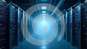 Rows of computer servers in a dimly lit data center