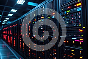 Intricate Data Center Server Room with Illuminated Servers