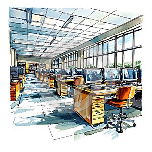 Rows of Computers in a Bright Modern Office Space Artwork