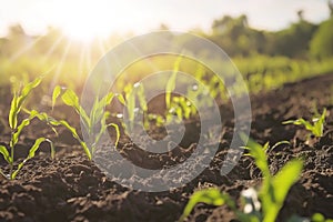 Rows of corn plants in a fertile field with dark soil under a beautiful warm sun