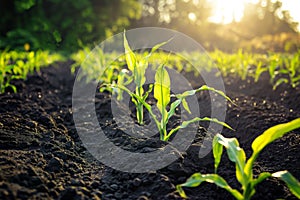 Rows of corn plants in a fertile field with dark soil under a beautiful warm sun