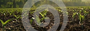 Rows of corn sprouts. Agricultural field. Banner slider horizontal template. Blurred background.