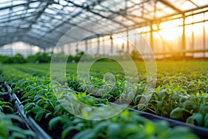 Rows of crop seedlings in a greenhouse. Agricultural plants grow in ideal conditions and protected from extreme weather