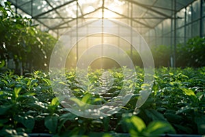 Rows of crop seedlings in a greenhouse. Agricultural plants grow in ideal conditions and protected from extreme weather