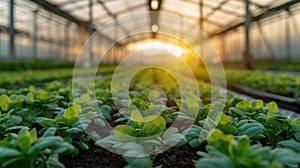 Rows of crop seedlings in a greenhouse. Agricultural plants grow in ideal conditions and protected from extreme weather