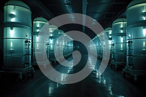 rows of cryogenic storage units in dimly lit room