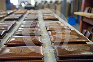 rows of customengraved leather wallets on table