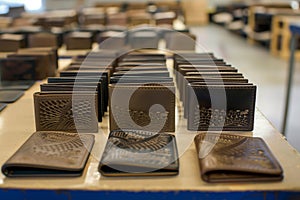 rows of customengraved leather wallets on table