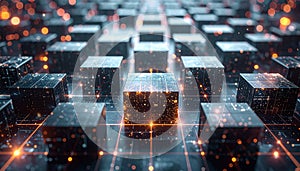 Rows of dark digital cubes with glowing orange data lines on a grid surface abstract background