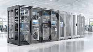 Modern computer server room with rows of racks and networking equipment.