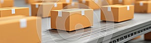 Rows of delivery boxes on a conveyor belt in a modern warehouse environment