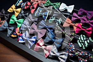 rows of different colored mens bow ties on a black table