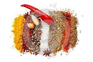 Rows of different spices on white background