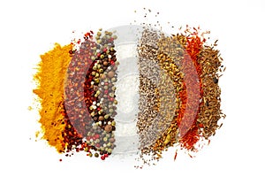 Rows of different spices on white background