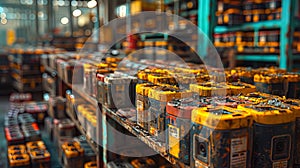 Rows of discarded electric car batteries awaiting proper disposal in a recycling facil photo