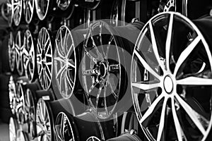 Rows of disks of various configurations in a shop window. Sale of disks and alloy wheels