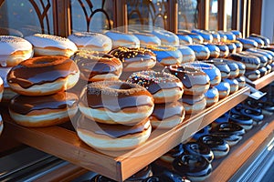 Rows of Donuts Displayed in Window. Generative AI