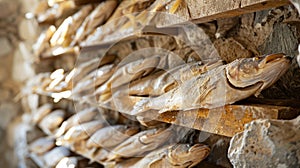 Rows of dried fish on shelves.