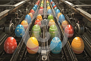 Rows of Easter eggs in striking hues travel down an industrial assembly line, reflecting a perfect blend of efficiency