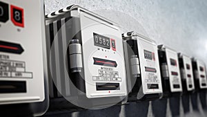 Rows of electricity meters on the wall. 3D illustration