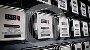 Rows of electricity meters on the wall. 3D illustration