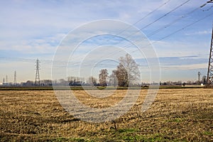 Rows of electricity pylons and power lines over cultivated fields on a winter day in the italian countryside