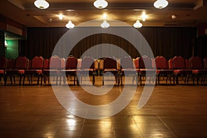 rows of empty ballroom dance chairs under spotlight